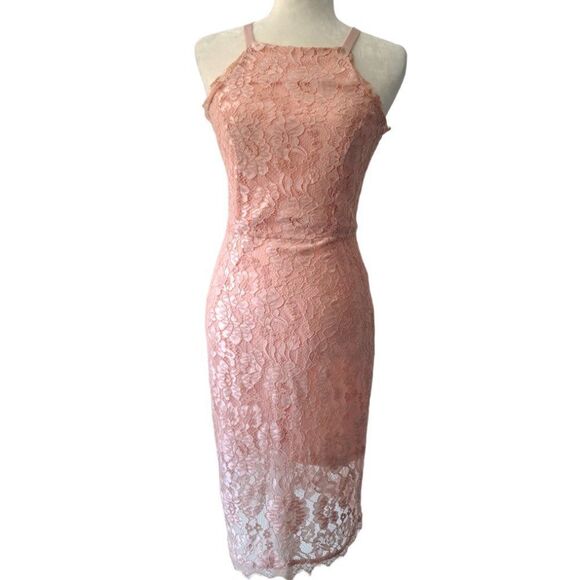 Lulu's Woman's Peach Pink Halter Lace Party Cocktail Wedding Bridesmaid Dress M - Picture 3 of 8